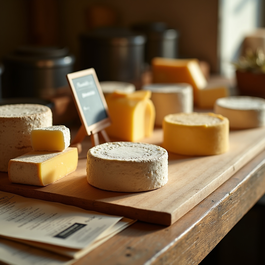 Mostrador con piezas de queso fresco y semicurado de muestra junto a materiales del curso