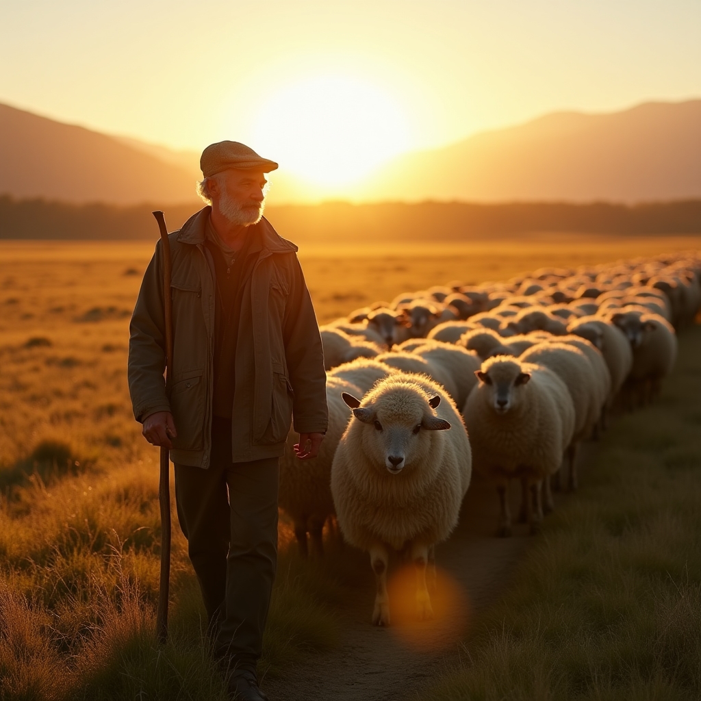 Pastor conduciendo un rebaño de ovejas de leche al amanecer en un pasto extenso